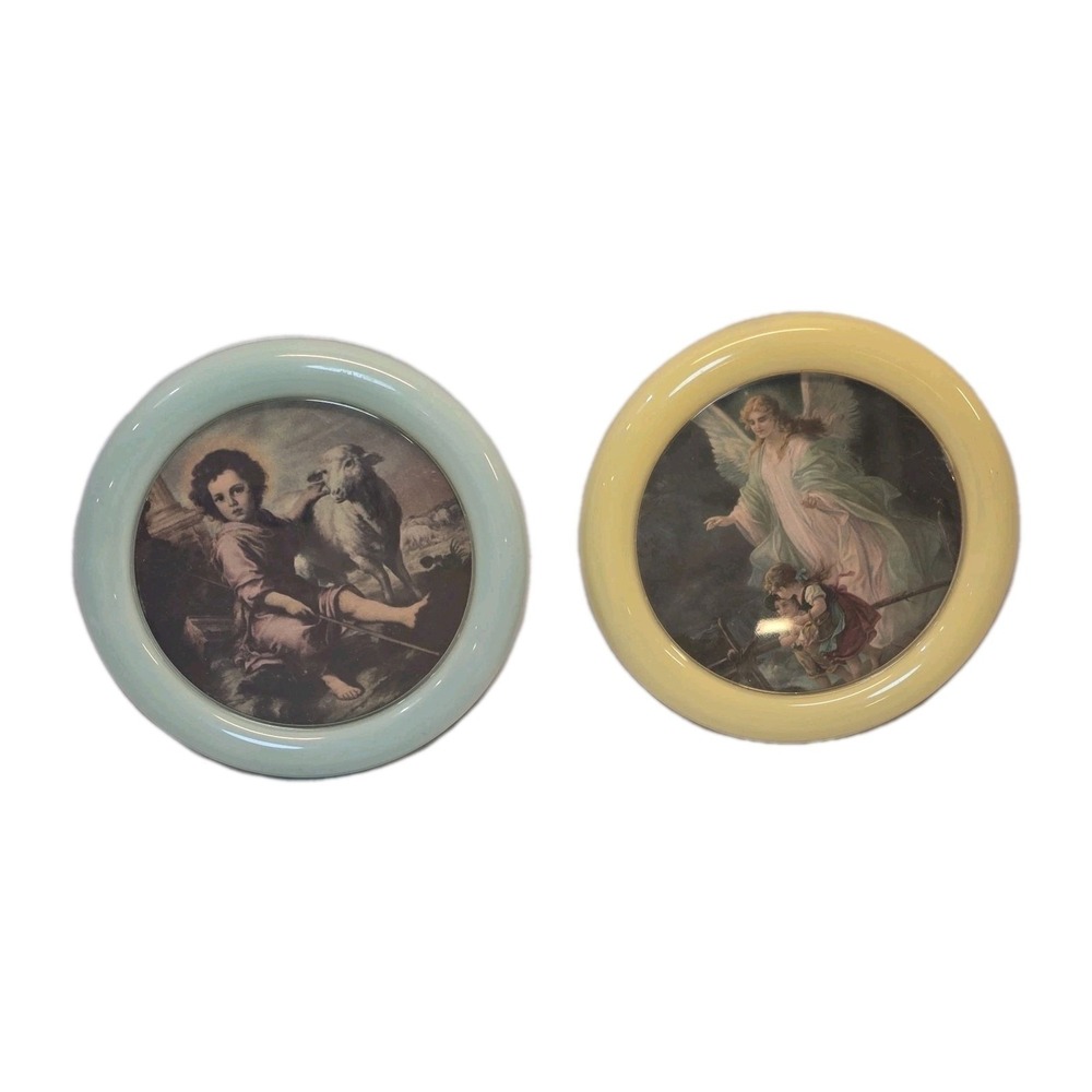 Religious Circle Framed Vintage Kids Angel Print Nursery Blue Yellow Wall Art